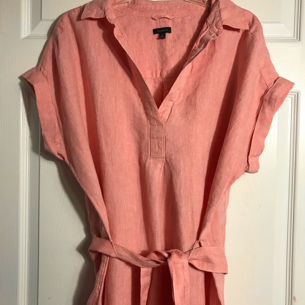 Talbots Coral Pink Linen Belted Shirt Dress XL - Picture 6 of 8